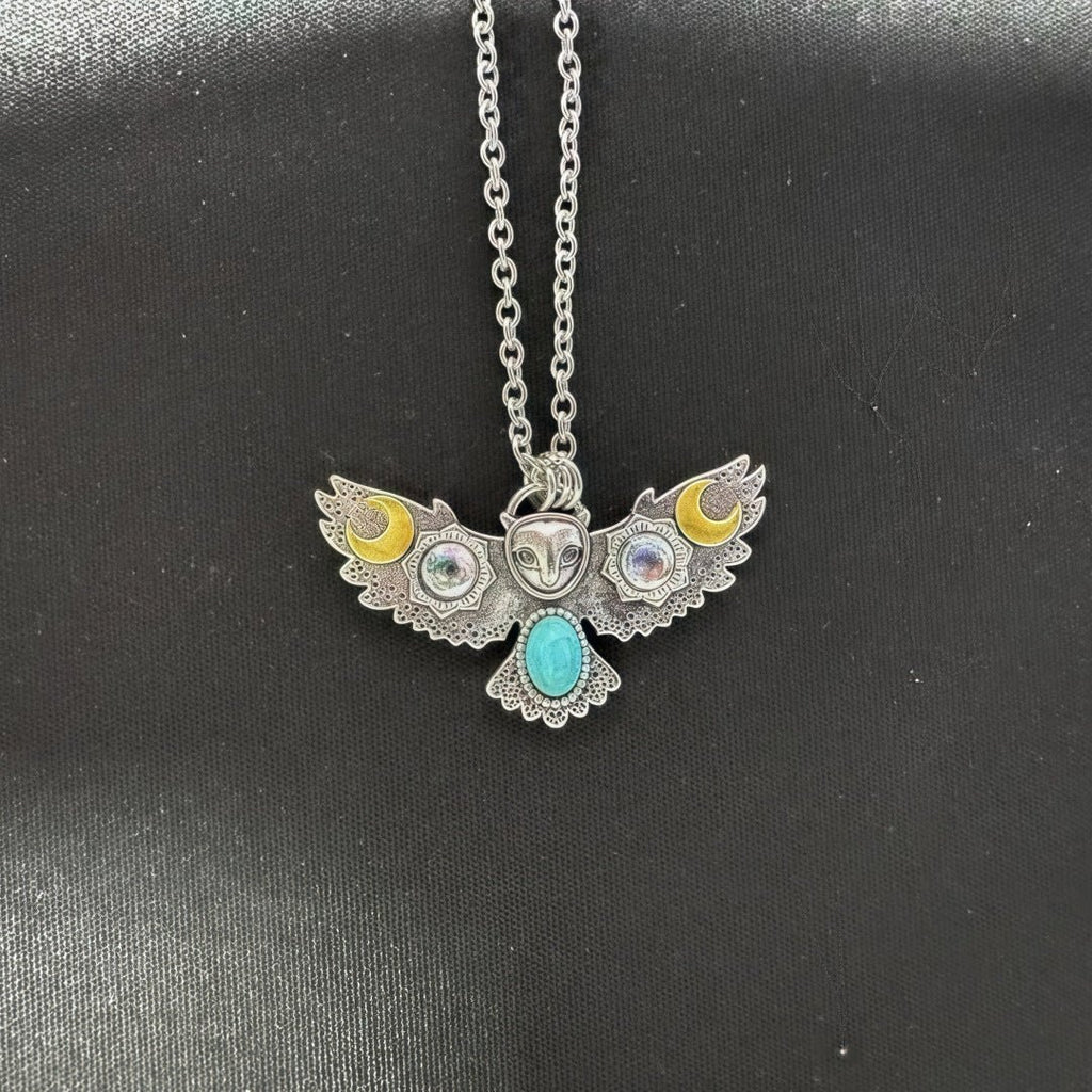 Owl Flower Moon Turquoise Necklace | May Flower Moon Wisdom Jewelry | Silver Unisex - Maximus Grace