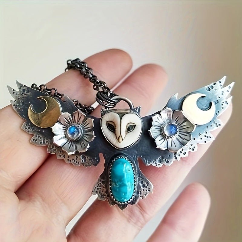 Owl Flower Moon Turquoise Necklace | May Flower Moon Wisdom Jewelry | Silver Unisex - Maximus Grace