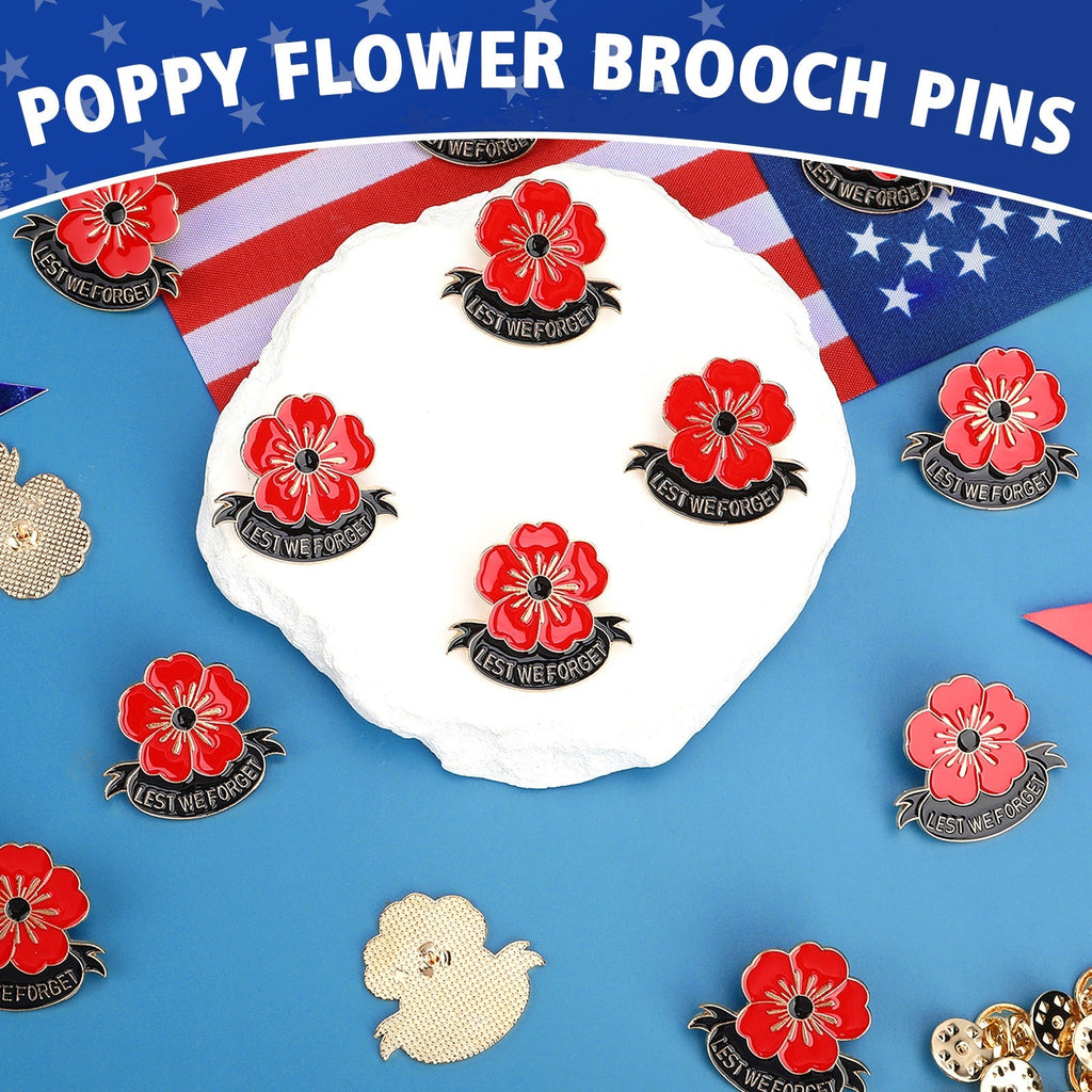 Poppy Flower Brooch Pins Set of 15 | Memorial Day Lapel Pin | Lest We Forget Enamel Badge - Maximus Grace