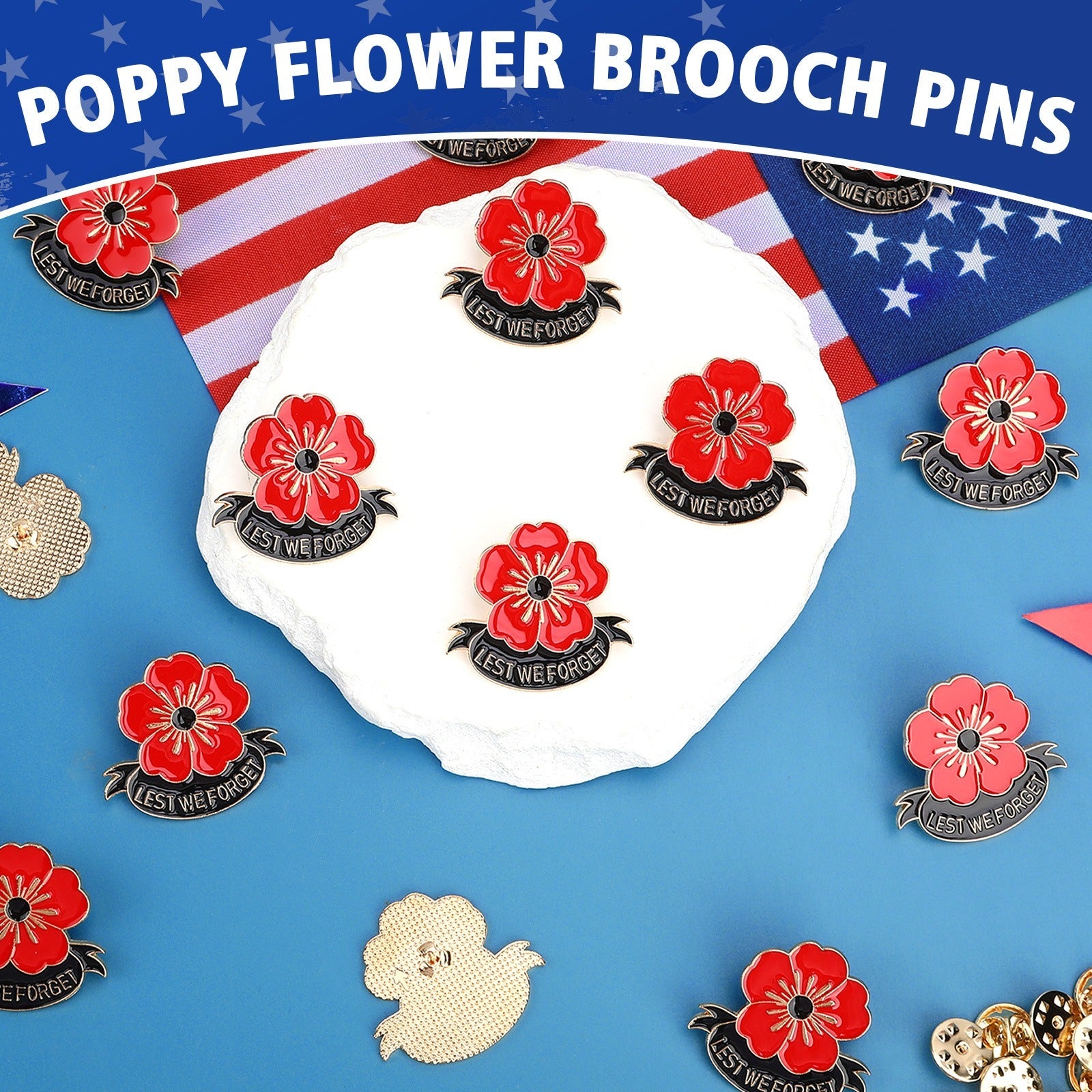 Poppy Flower Brooch Pins Set of 15 | Memorial Day Lapel Pin | Lest We Forget Enamel Badge - Maximus Grace