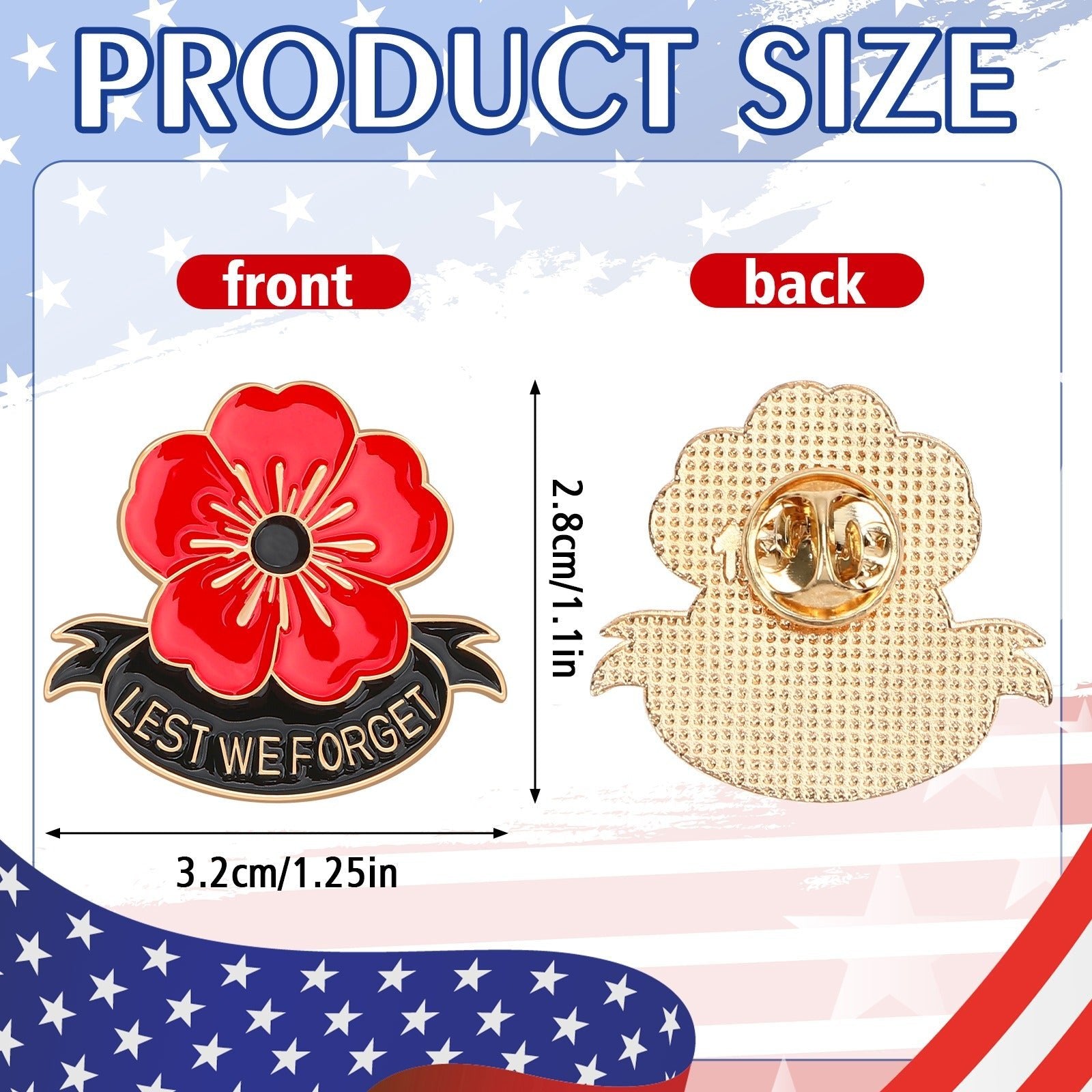 Poppy Flower Brooch Pins Set of 15 | Memorial Day Lapel Pin | Lest We Forget Enamel Badge - Maximus Grace