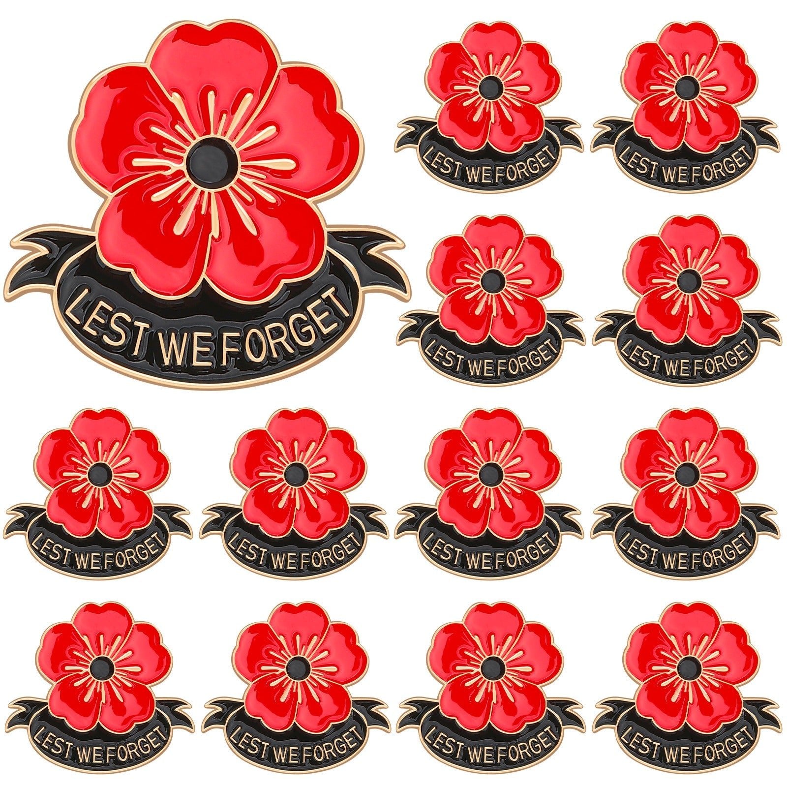 Poppy Flower Brooch Pins Set of 15 | Memorial Day Lapel Pin | Lest We Forget Enamel Badge - Maximus Grace