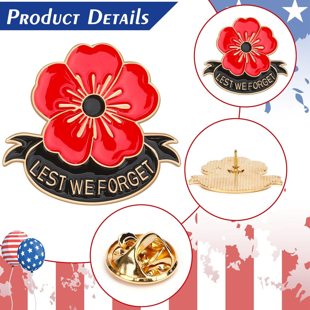 Poppy Flower Brooch Pins Set of 15 | Memorial Day Lapel Pin | Lest We Forget Enamel Badge - Maximus Grace