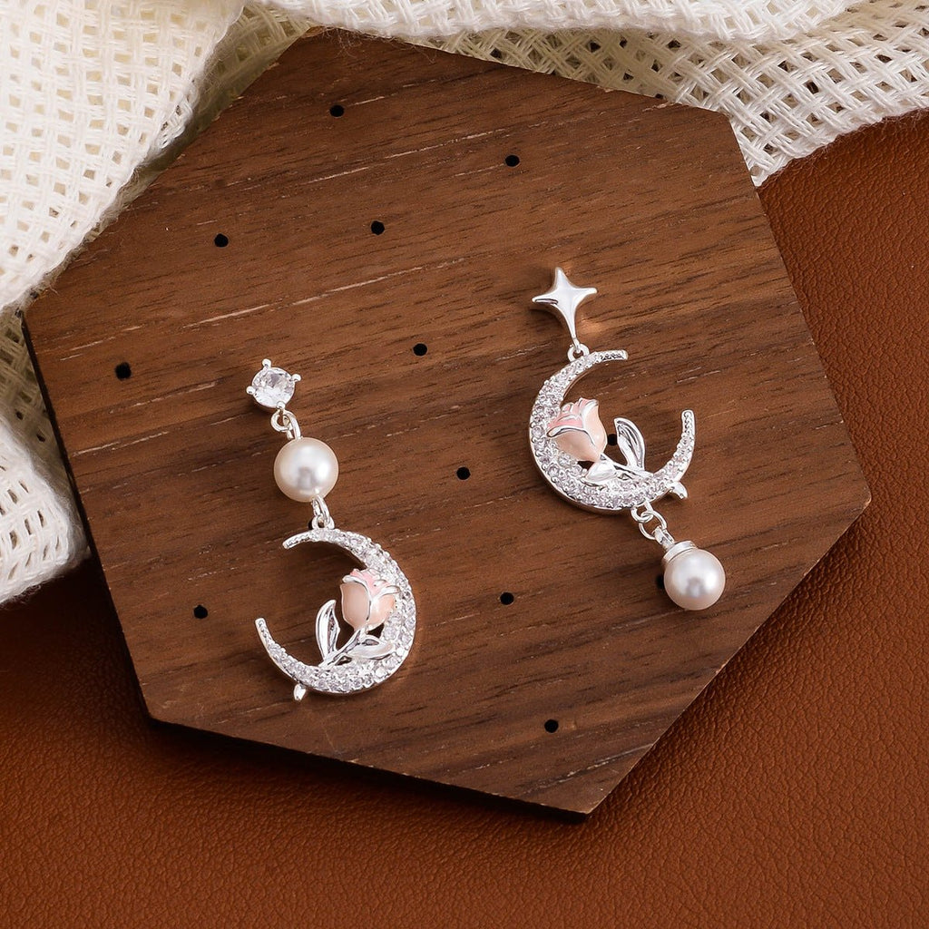 Rose Flower Moon Earrings | May Full Flower Moon Pearl Jewelry | Studs & Ear Clips - Maximus Grace