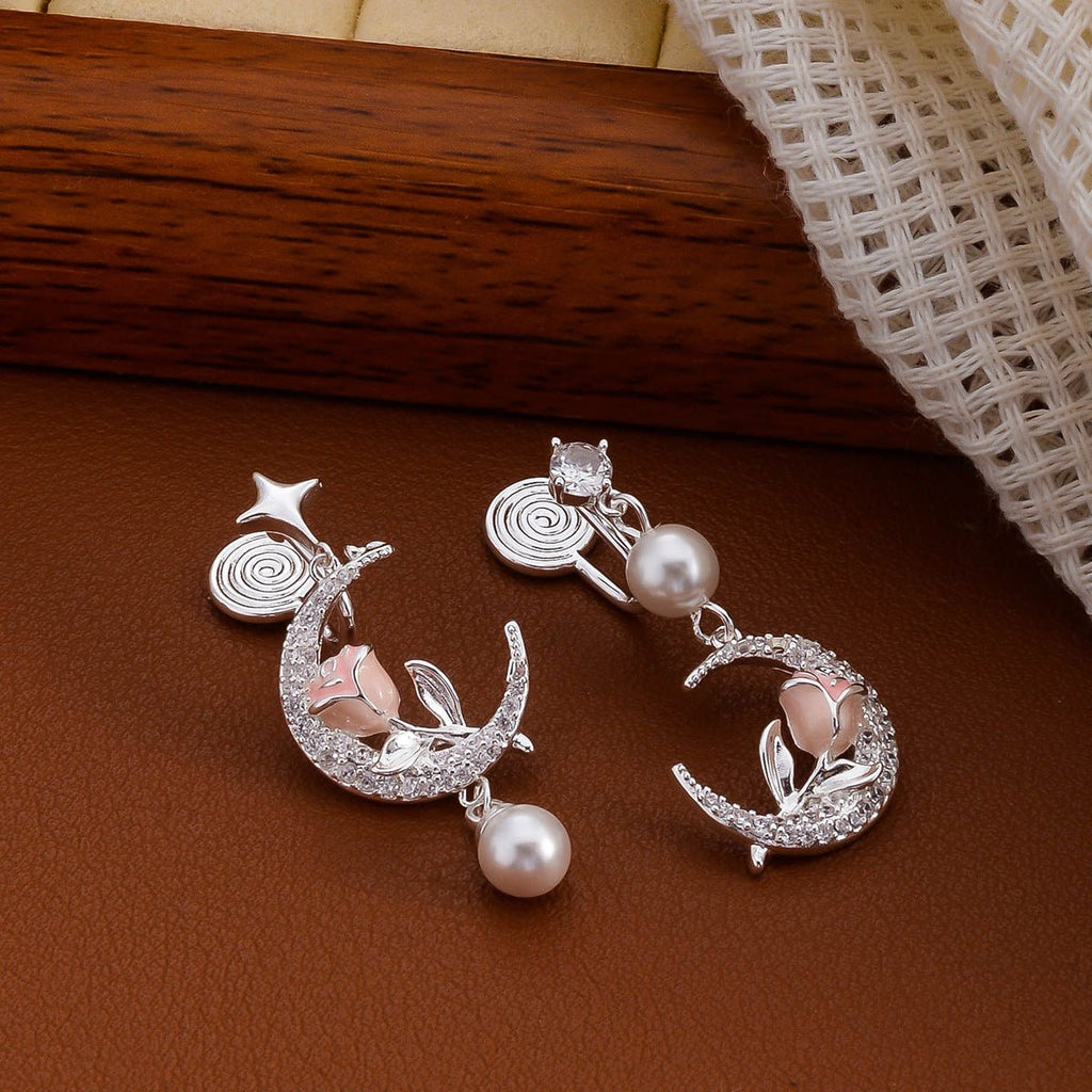 Rose Flower Moon Earrings | May Full Flower Moon Pearl Jewelry | Studs & Ear Clips - Maximus Grace