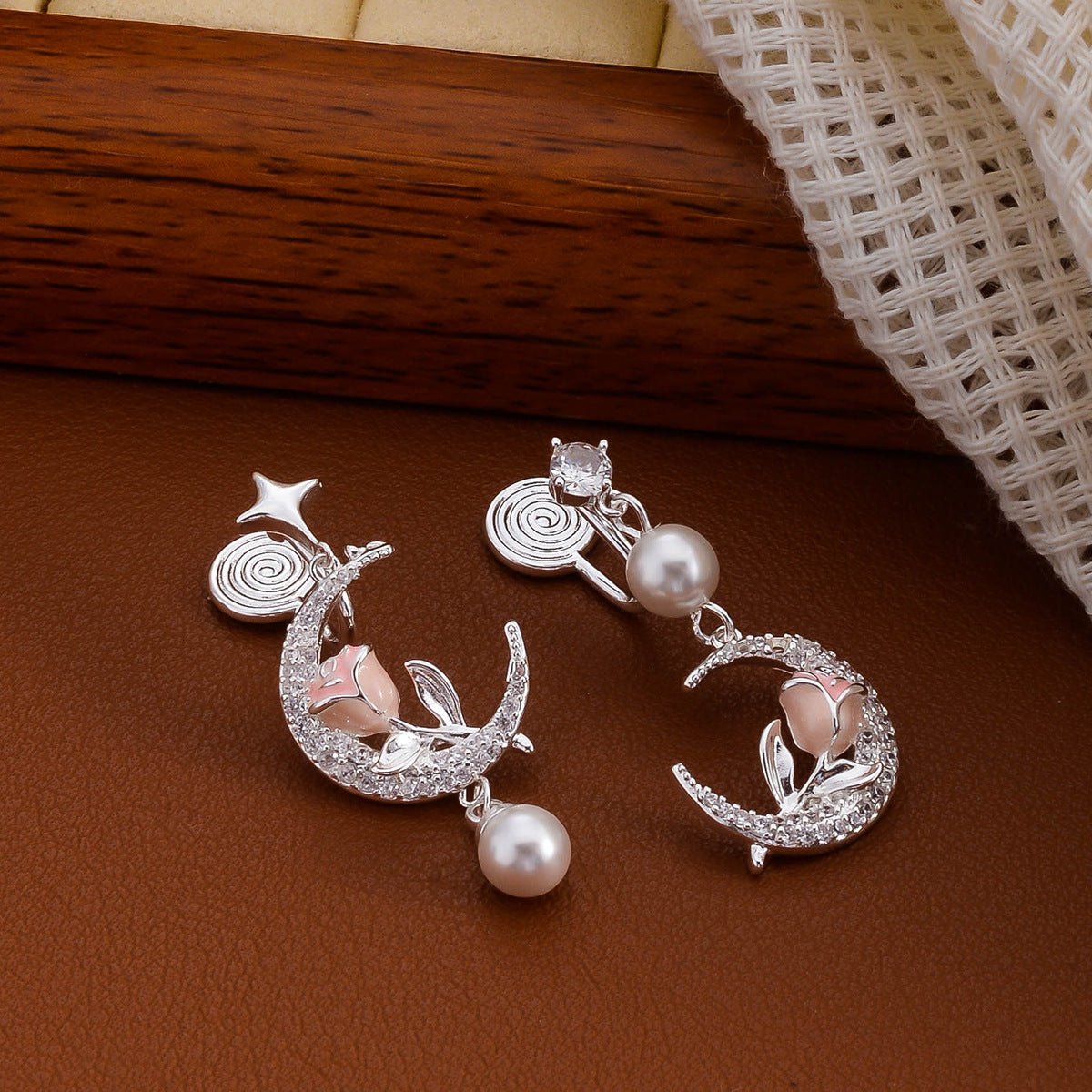 Rose Flower Moon Earrings | May Full Flower Moon Pearl Jewelry | Studs & Ear Clips - Maximus Grace