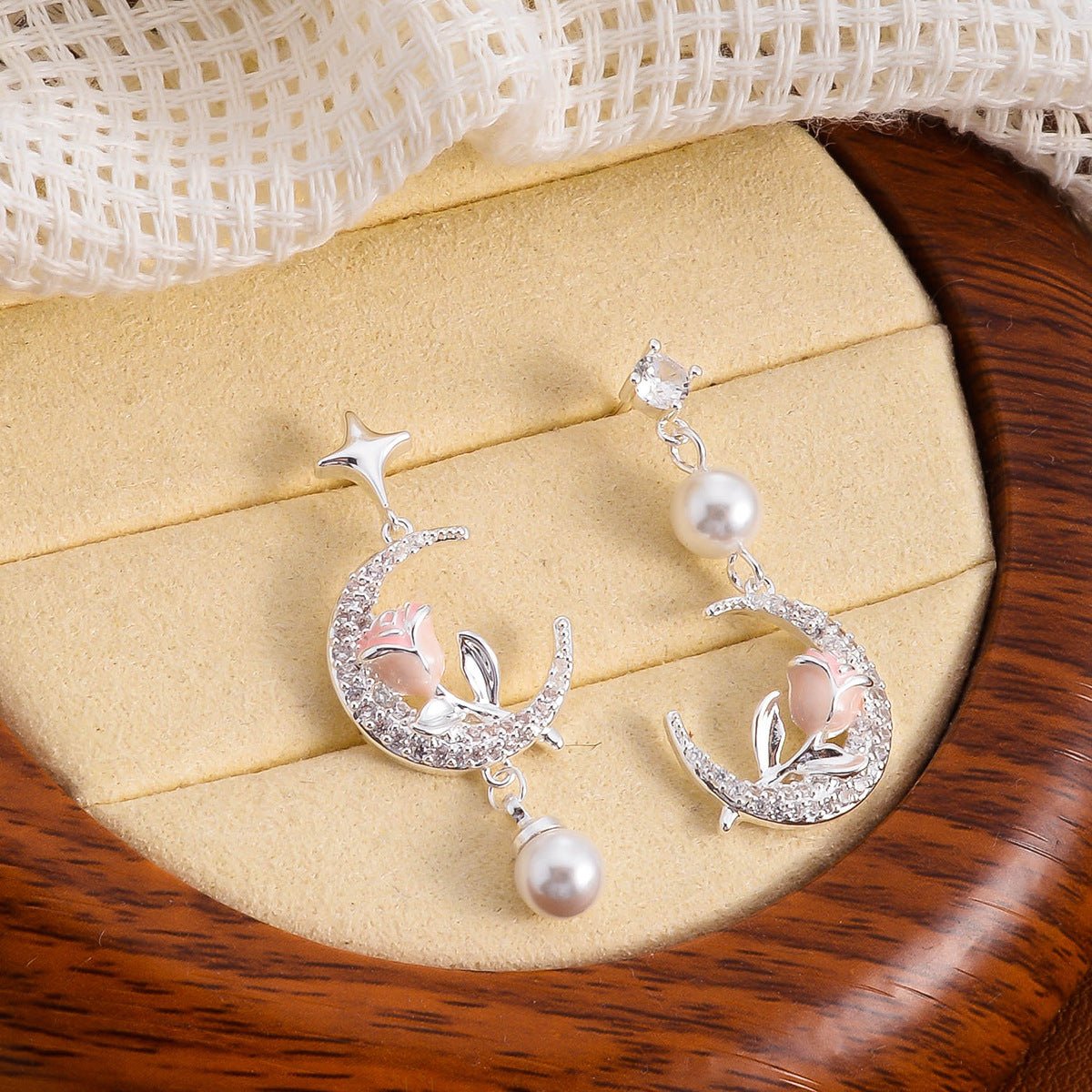 Rose Flower Moon Earrings | May Full Flower Moon Pearl Jewelry | Studs & Ear Clips - Maximus Grace