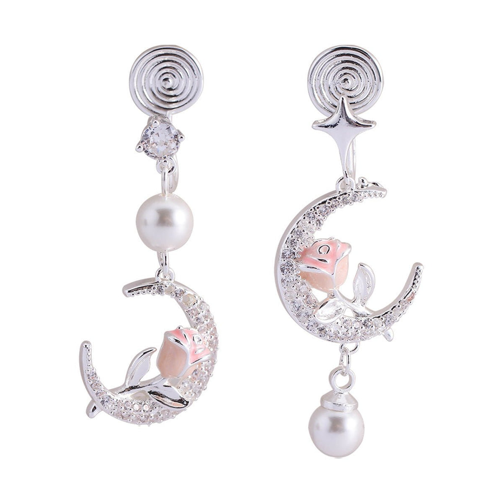 Rose Flower Moon Earrings | May Full Flower Moon Pearl Jewelry | Studs & Ear Clips - Maximus Grace